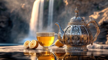 Traditional Moroccan Tajines in front of Imlil Waterfall, Morocco