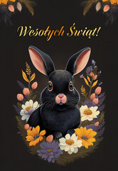 Easter holiday card concepts with portraits of a hare in spring flowers 