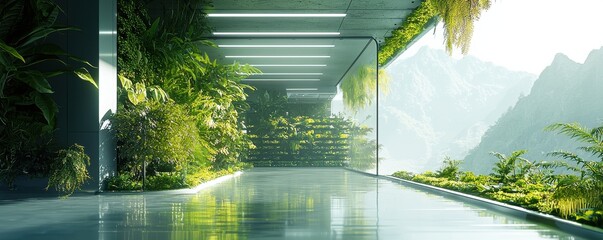 Lush Green Indoor Walkway with Misty Mountain View