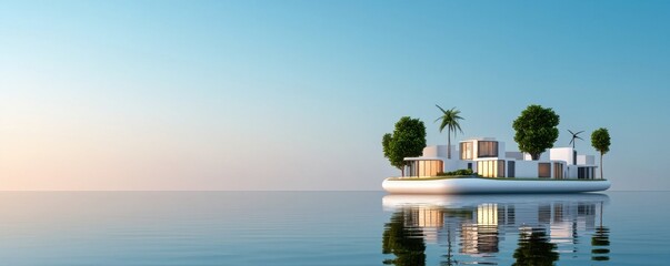 Minimalist Island at Sunrise Pastel Colors and Calm Ocean
