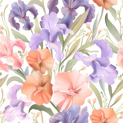 Vector seamless pattern of iris flowers. Spring print floral watercolor.