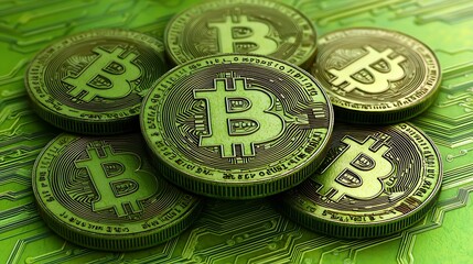 Coins on circuit board, finance tech background