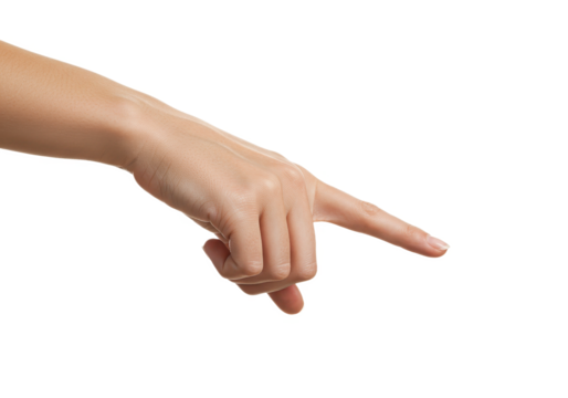 A close-up of an elegant female hand pointing downward with an extended index finger isolated on transparent background