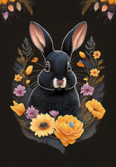 Easter holiday card concepts with portraits of a hare in spring flowers 