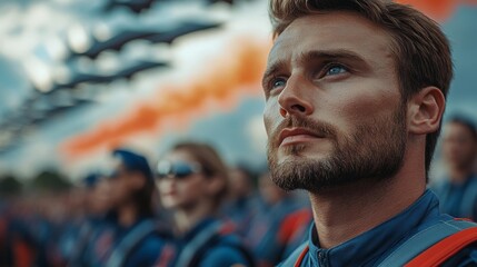 Fototapeta premium A focused individual watching a thrilling aerial performance at an airshow surrounded by others with blue skies and jets above. Generative AI