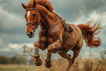 Majestic horse galloping through muddy terrain under an overcast sky in the countryside