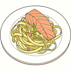 Vector tagliatelle pasta with salmon on a white plate, on a white background