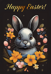 Easter holiday card concepts with portraits of a hare in spring flowers 