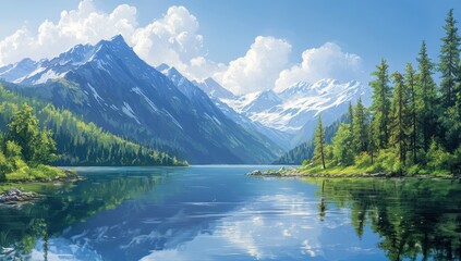 Serene Mountain Lake with Reflections of Snow-Capped Peaks and Lush Green Forest Under Bright Blue Sky and Fluffy White Clouds