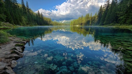 Fototapeta premium Tranquil Mountain Lake Reflection with Crystal Clear Water