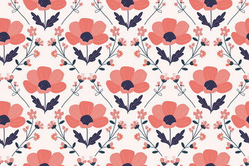 Seamless pattern with fancy flowers. Spring, summer season. Poppy, wildflowers are laid out in the form of a diamond, red, dark purple. For textiles, fashion, wallpaper, wrapping paper, notebooks.