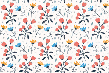 Vintage pattern with fancy flowers. Spring, summer season. Simple design. Wildflowers, red, yellow, blue.  For textiles, fashion, wallpaper, wrapping paper, notebooks.