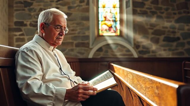 Priest reading scriptures on church pew bathed in sunlight shining through stained glass window footage