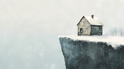 A small weathered house perched precariously on a clifftop. Fragility - Snow. Illustration