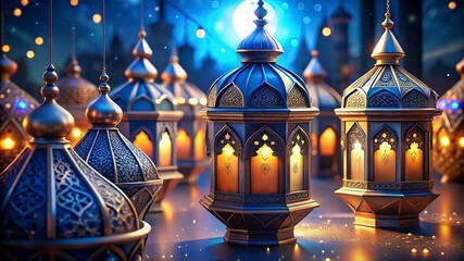 Obraz premium Ramadan Kareem greeting card. Muslim feast of the holy month of Ramadan Kareem. Traditional Arabic lantern with burning candles.