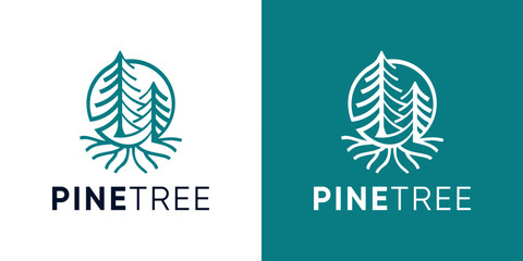 Pine tree forest logo design, Evergreen vector illustration, Creative wood logo icon design, Green tree symbol logo design, Usable for apartments, Villa, Real estate, Etc or anything related to nature