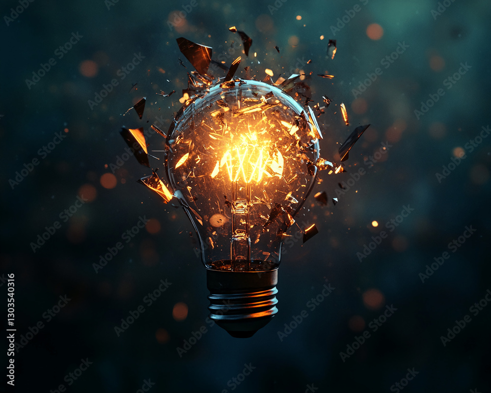 Poster exploding lightbulb image, glowing filament, glass shards. symbolizes innovation, breakthrough, new 