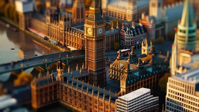 Miniature clay Big Ben tower in tilt-shift isometric view