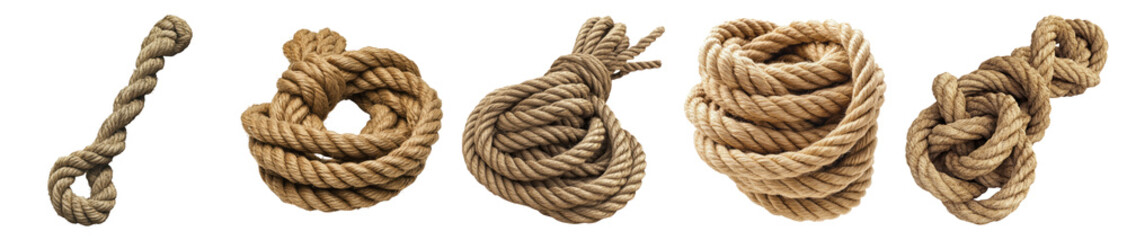 Obraz premium Varied Textures of Natural Rope Twists and Knots for Design Use, PNG bundle collection, Isolated on Transparent Background
