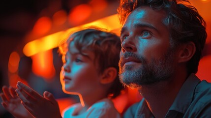 Obraz premium Father and child watching a captivating performance with colorful lighting in the background. Generative AI