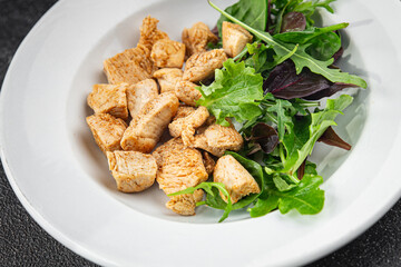 Salad turkey meat green leaves mix fresh delicious gourmet food background on the table rustic food top view copy space keto and paleo diet