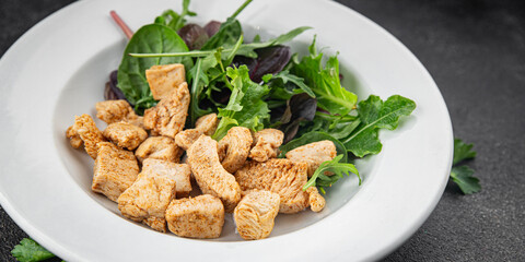 Salad turkey meat green leaves mix fresh delicious gourmet food background on the table rustic food top view copy space keto and paleo diet