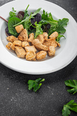 Salad turkey meat green leaves mix fresh delicious gourmet food background on the table rustic food top view copy space keto and paleo diet