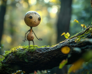 Obraz premium Small, round, textured figurine stands on mossy log in sunny forest, showcasing whimsical, nature-inspired character design