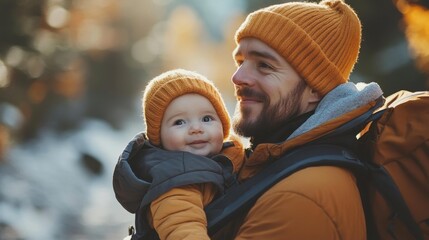 Obraz premium Father carrying his baby in a carrier while enjoying a scenic walk through a park during the morning. Generative AI