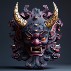 Obraz premium Intricate Demon Mask Sculpture with Horns and Intense Expression