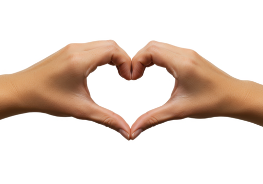 A close-up of two hands with smooth skin forming a heart shape using their thumbs and index fingers isolated on transparent background