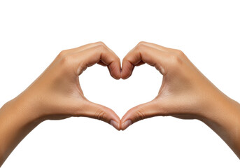 A close-up of two hands with smooth skin forming a heart shape using their thumbs and index fingers isolated on transparent background