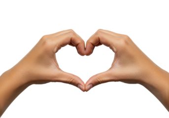 A close-up of two hands with smooth skin forming a heart shape using their thumbs and index fingers isolated on transparent background