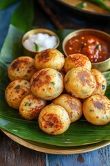 Golden Crispy Kuzhi Paniyaram with Coconut and Tomato Chutney on Banana Leaf in Brass Plate