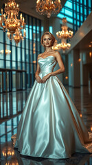 Fototapeta premium A high-fashion cinematic portrait: a stunning blonde Bride woman with delicate features and fair skin, wearing a white satin ball gown with a strapless bodice and voluminous skirt.