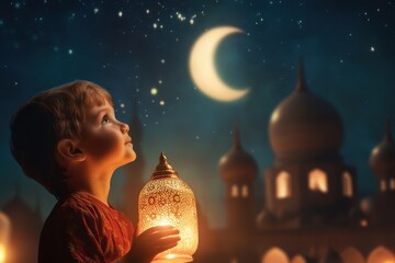 Little boy gazes at moonlit mosque in front of candlelit crescent-shaped lanterns