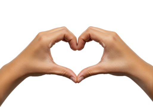A close-up of two hands with smooth skin forming a heart shape using their thumbs and index fingers isolated on transparent background