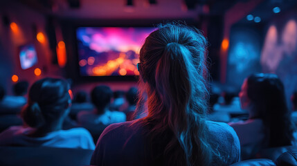 Fototapeta premium A family enjoying a movie in a home theater powered by AI, immersive tech