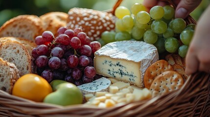 A rustic picnic basket filled with fresh grapes cheese bread and crackers for an outdoor feast. Generative AI