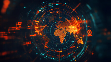 Obraz premium Holographic display of a world map showcasing time zones across all continents representing global connectivity data visualization and technological advancement. Time - Clock. Illustration