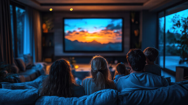A family enjoying a movie in a home theater powered by AI, immersive tech