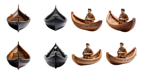 Various Wooden Canoes with Figurines in Different Styles and Colors, PNG bundle collection, Isolated on Transparent Background