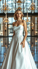 Naklejka premium A high-fashion cinematic portrait: a stunning blonde Bride woman with delicate features and fair skin, wearing a white satin ball gown with a strapless bodice and voluminous skirt.
