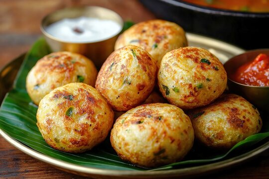 Golden Crispy Kuzhi Paniyaram with Coconut and Tomato Chutney on Banana Leaf in Brass Plate