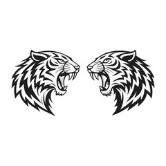 A tiger's head is a powerful symbol of strength, courage, and ferocity. It features sharp, piercing eyes, strong jaws, and distinct black stripes on golden-orange fur. The broad forehead and muscular 