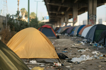 Makeshift Tent Encampment: Tents under an overpass evoke a sense of survival, amidst debris, revealing the harsh reality of homelessness and urban blight.