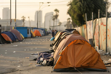 Makeshift camp of tents line the city street, symbolizing urban poverty and homelessness issue with city skyline in the distance, evoking empathy.