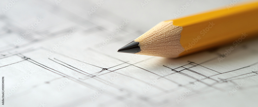 Poster close-up of yellow pencil on architectural blueprint, showcasing precision and design process, symbo