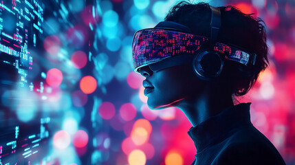 Side profile of woman wearing VR headset, illuminated by vibrant neon lights, showcasing futuristic technology and immersive experiences