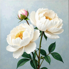 Obraz premium bouquet of white tulips, White peonies Interior textured picture with acrylic paints depicting beautiful white colors, blue background